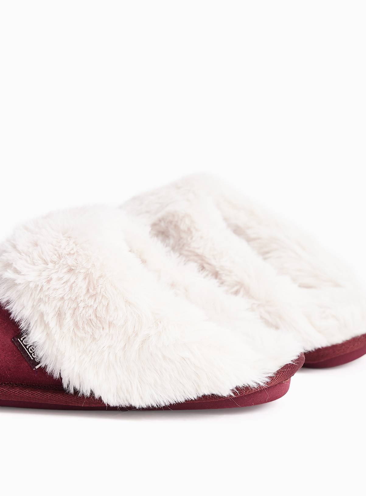 TOTES Berry Red Suede Faux Fur Trim Mule Slippers S - Image 4